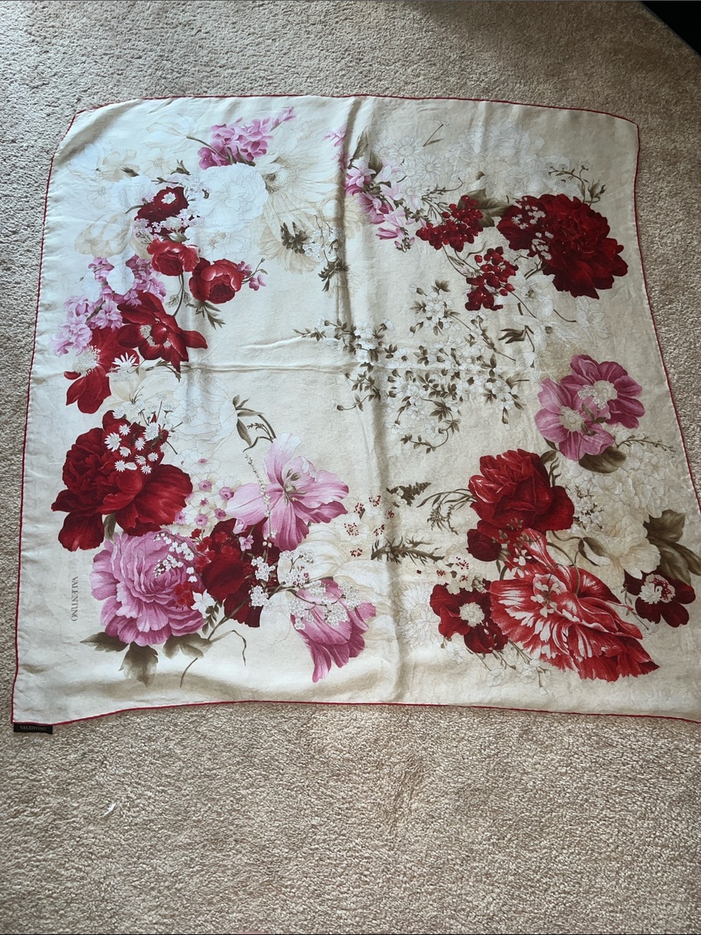 Valentino Floral Silk Scarf in Red, Pink and Cream